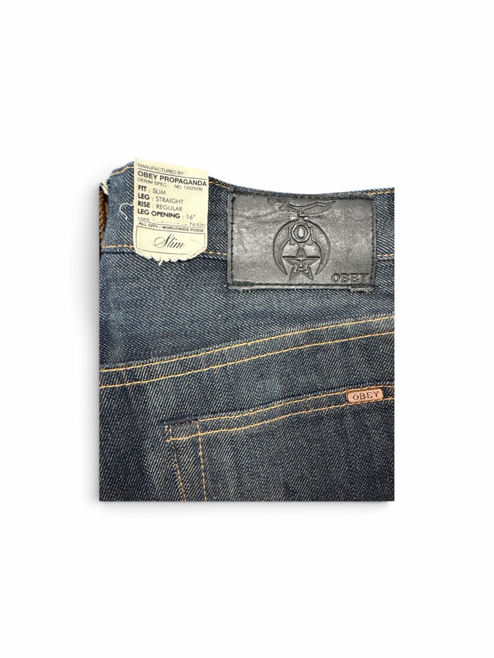 Obey Slim Men's Dark Blue Denim Jeans with Tan Stitching